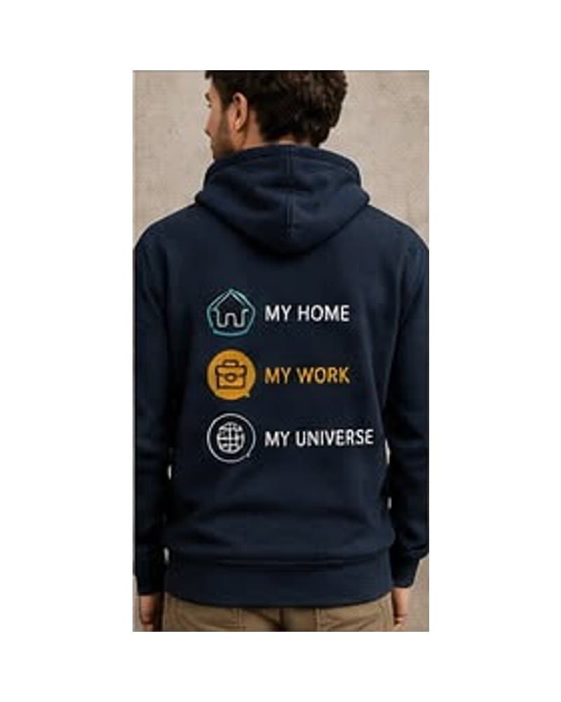 Navy hoodie with the My Home, My Work, My Universe icons