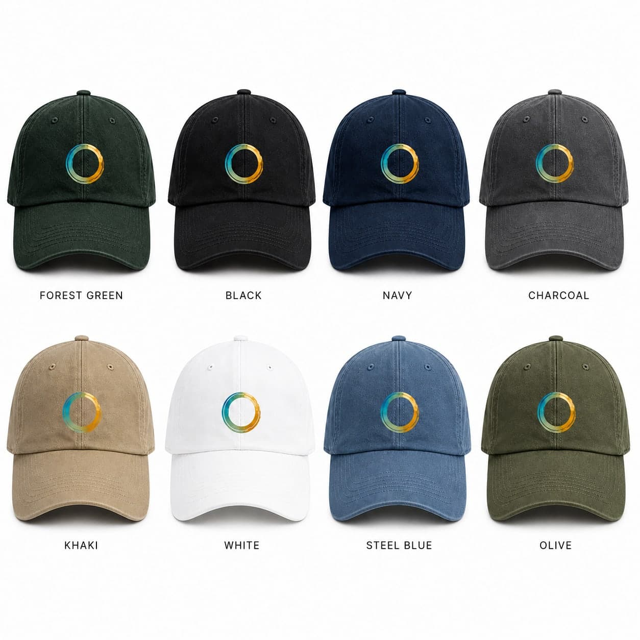 O Face Cap in eight colours, each with the open-circle emblem