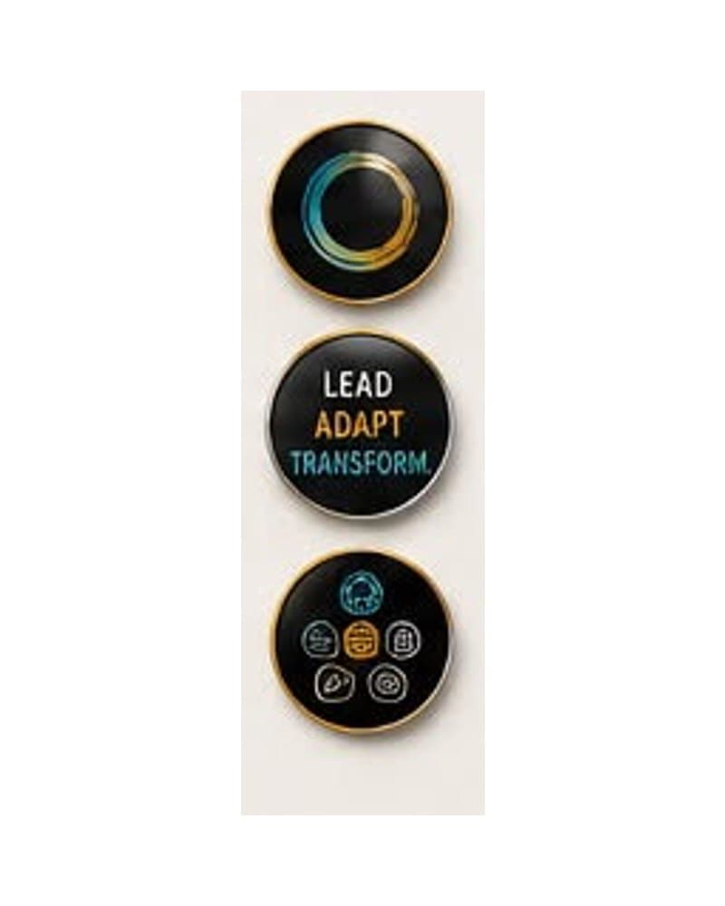 Three pins: the open-circle logo, Lead Adapt Transform, and the icons