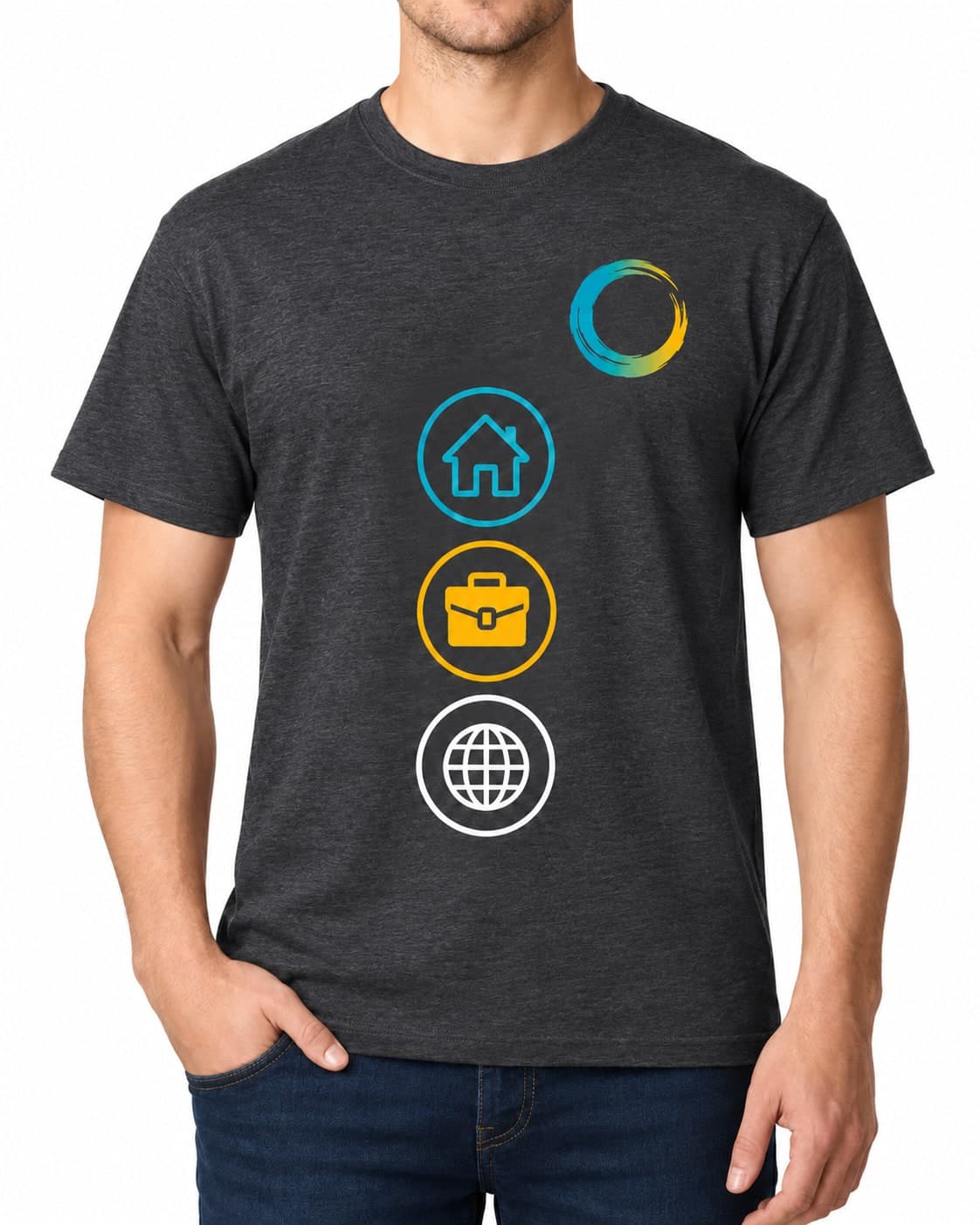 Dark grey T-shirt with home, briefcase and globe icons